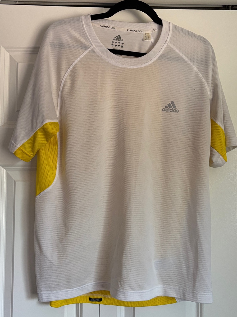 adidas Clima Cool Men’s White Short-Sleeve Athletic Tee with Yellow Accents